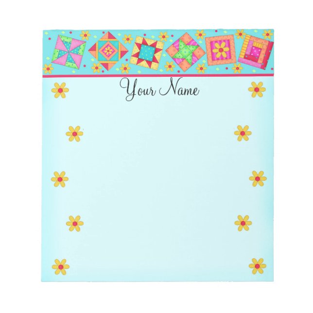 Turquoise Blue Patchwork Quilt Block Art Notepad (Front)