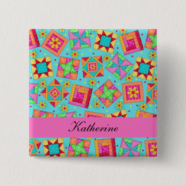Turquoise Blue Patchwork Quilt Blocks Name Badge (Front)