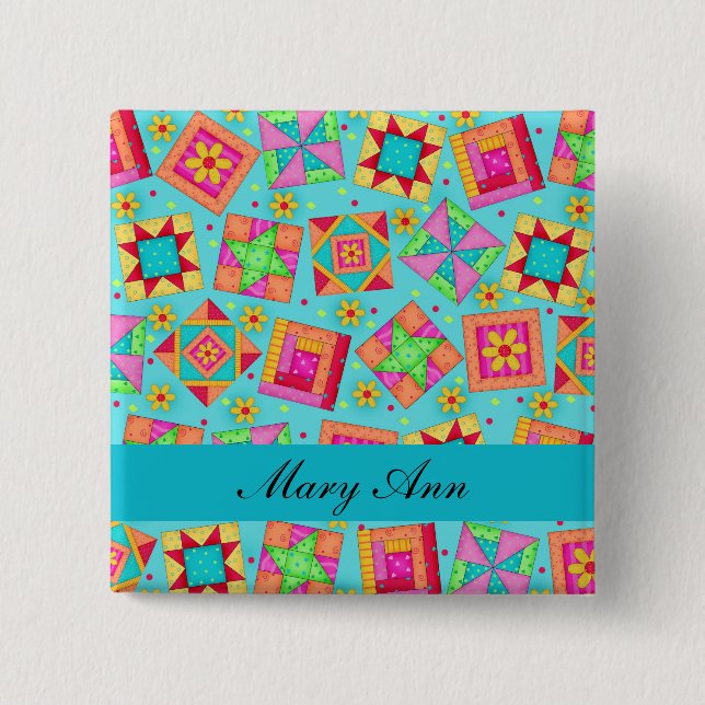 Turquoise Blue Patchwork Quilt Blocks Name Badge (Front)