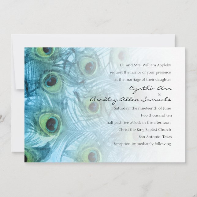 Turquoise Blue Peacock Wedding Invitation (Back)