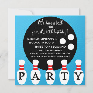 Turquoise Blue Pin Party Bowling Birthday Party Invitation