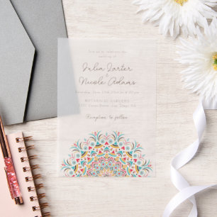 Turquoise Blue Pink Abstract Mandala Wedding Vellum Invitations