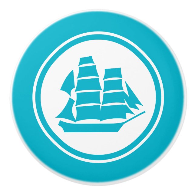 Turquoise Blue Pirate Ship Nautical ceramic knob (Front)