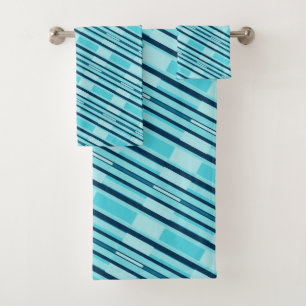 Turquoise Blue Plaid Native American Line Art  Bath Towel Set