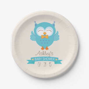 Turquoise Blue & Purple Boy Owl Baby Shower Paper Plate