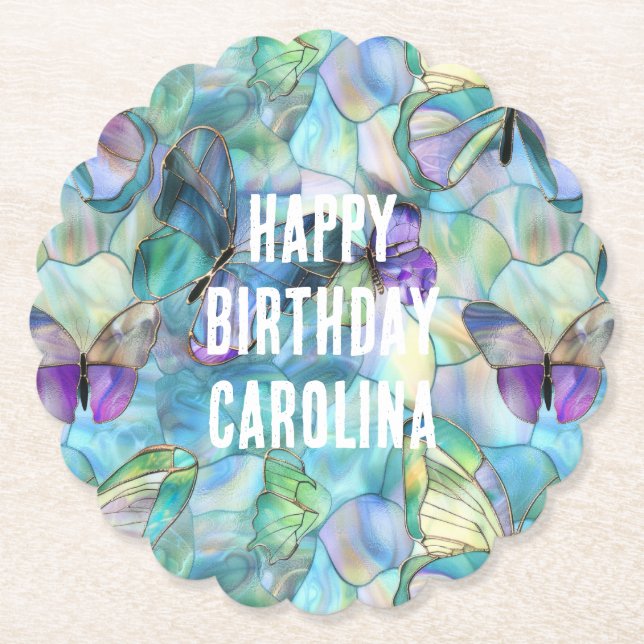 Turquoise Blue Purple Butterflies Paper Coaster (Front)