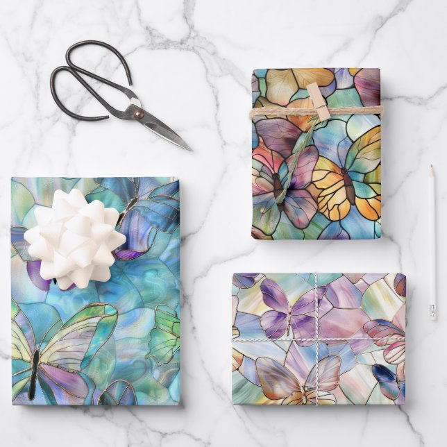 Turquoise Blue Purple Butterflies Wrapping Paper Sheet (Front)