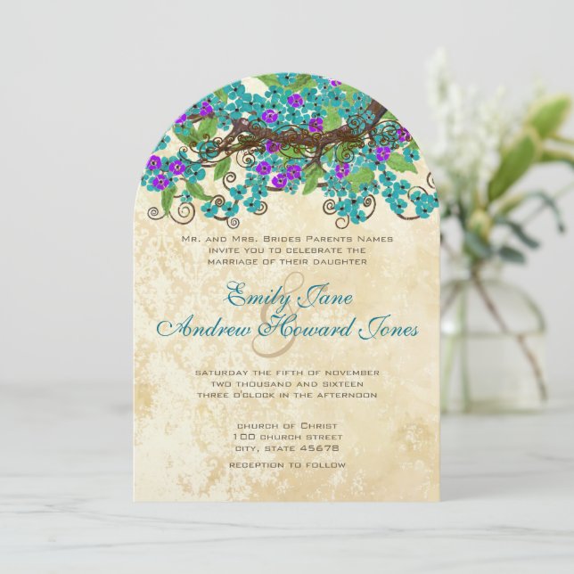Turquoise Blue Purple Enchanted Forest Invitations (Standing Front)