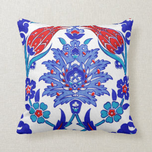 Turquoise Blue Red Ancient Turkish Floral Tile Cushion