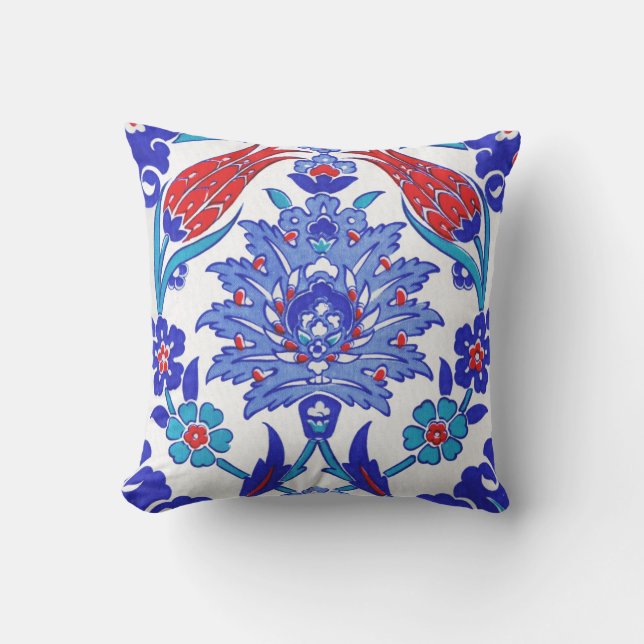 Turquoise Blue Red Ancient Turkish Floral Tile Outdoor Cushion (Front)
