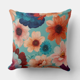 Turquoise, Blue, red and rust floral Cushion