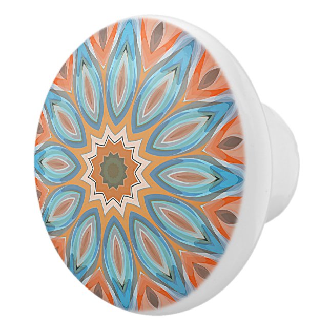 Turquoise Blue Red Peach Orange Mandala Round Sun Ceramic Knob (Right)