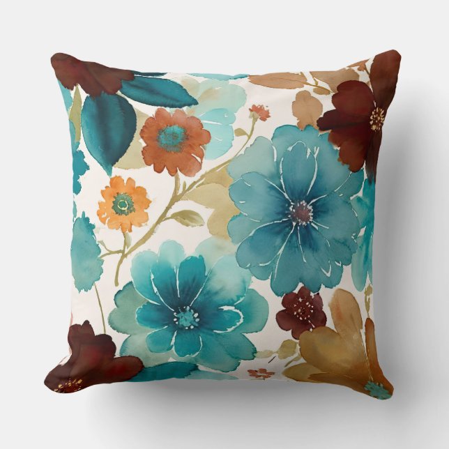 Turquoise blue, Red, Rust and Bronze Floral Cushion (Front)