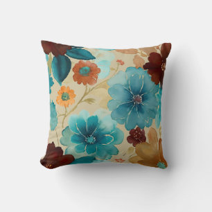 Turquoise blue, Red, Rust and Bronze Floral Cushion
