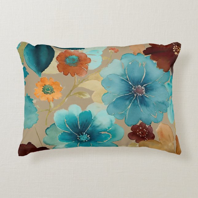 Turquoise blue, Red, Rust and Bronze Floral Decorative Cushion (Front)