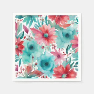 Turquoise blue Red Watercolor Spring Flowers   Napkin