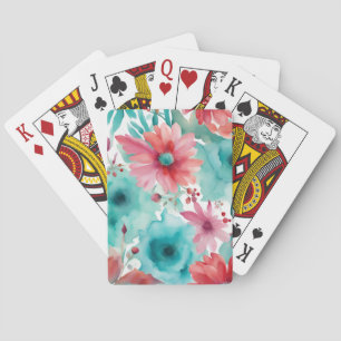 Turquoise blue Red Watercolor Spring Flowers Playing Cards
