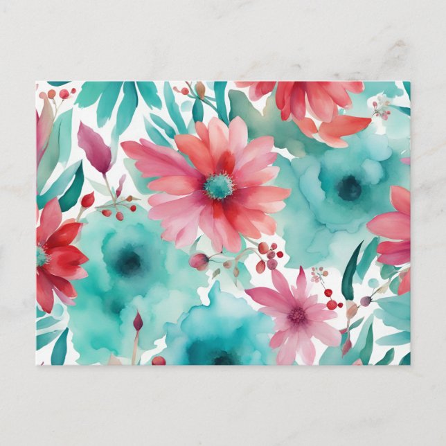 Turquoise blue Red Watercolor Spring Flowers   Postcard (Front)