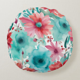 Turquoise blue Red Watercolor Spring Flowers   Round Cushion
