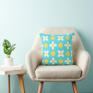 Turquoise Blue Retro Floral Pattern  Cushion