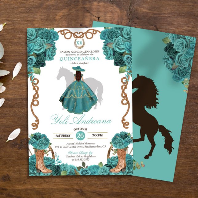 Turquoise Blue Rose Charra Vestidos Quinceanera Invitation (Creator Uploaded)