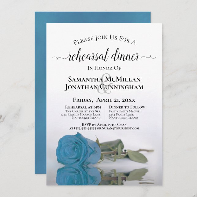 Turquoise Blue Rose Wedding Rehearsal Dinner Invitation (Front/Back)