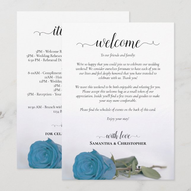 Turquoise Blue Rose Wedding Welcome & Itinerary Programme (Front/Back)