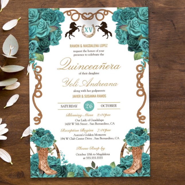 Turquoise Blue Rose Western Charro Quinceanera Invitation (Creator Uploaded)