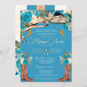 Turquoise Blue Roses Fancy Charro Quinceañera Invitation
