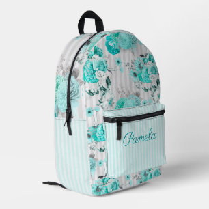 Turquoise Blue Roses, Grey Stripes and Monogram Printed Backpack
