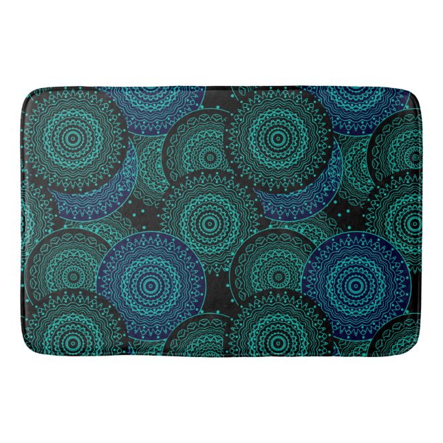 Turquoise blue round mandala on black background bath mat (Front)