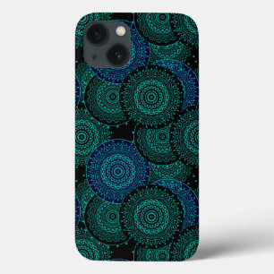Turquoise blue round mandala on black background iPhone 13 case