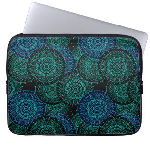 Turquoise blue round mandala on black background laptop sleeve