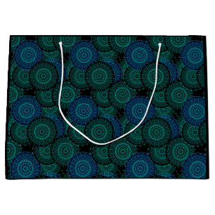 Turquoise blue round mandala on black background large gift bag
