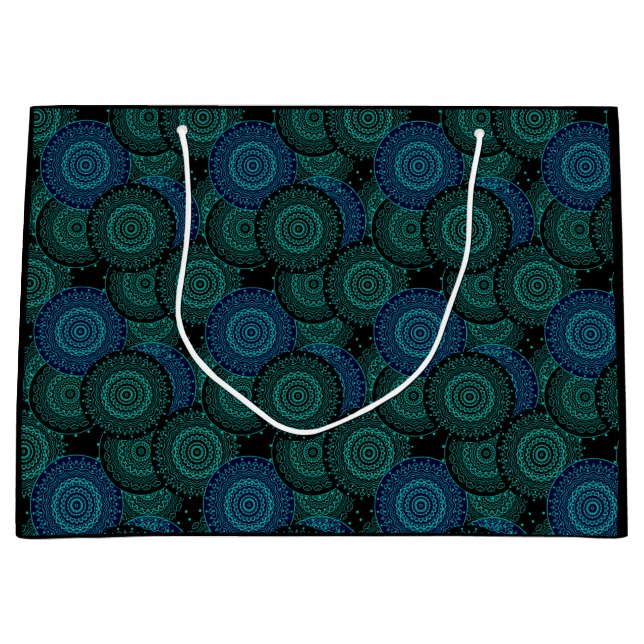 Turquoise blue round mandala on black background large gift bag (Front)