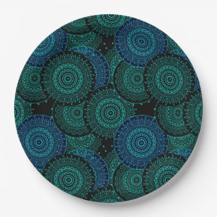 Turquoise blue round mandala on black background paper plate