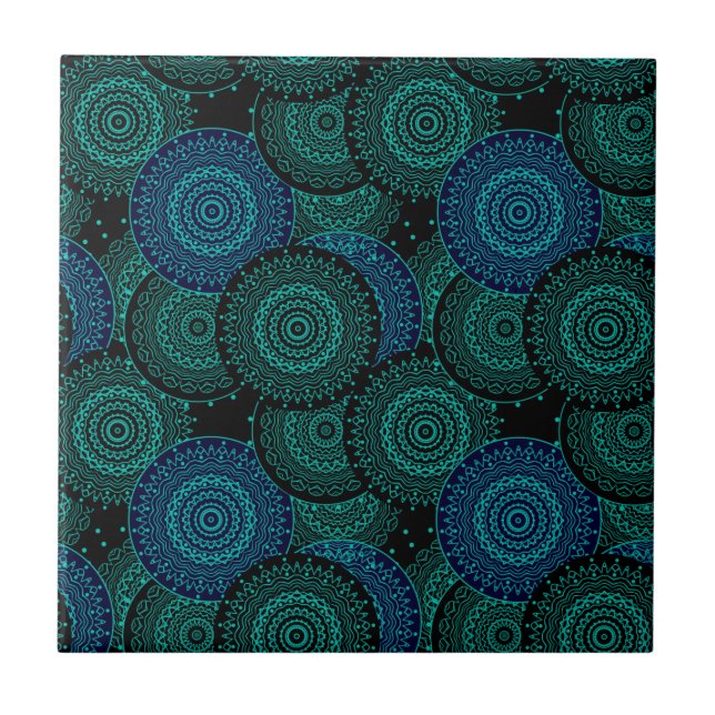 Turquoise blue round mandala on black background tile (Front)