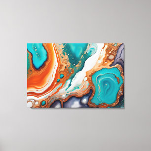 Turquoise blue, rust and gold paint abstract canvas print