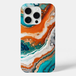 Turquoise blue, rust and gold paint abstract iPhone 15 pro case