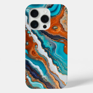 Turquoise blue, rust and gold paint abstract iPhone 15 pro case