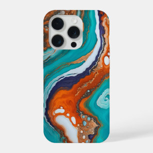 Turquoise blue, rust and gold paint abstract iPhone 15 pro case