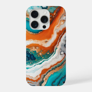Turquoise blue, rust and gold paint abstract iPhone 15 pro case