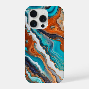 Turquoise blue, rust and gold paint abstract iPhone 15 pro case