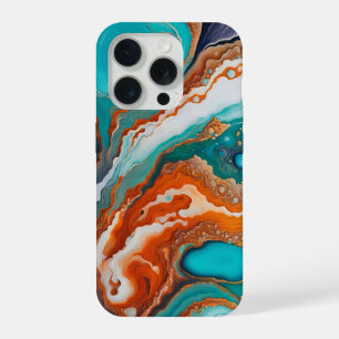 Turquoise blue, rust and gold paint abstract iPhone 15 pro case