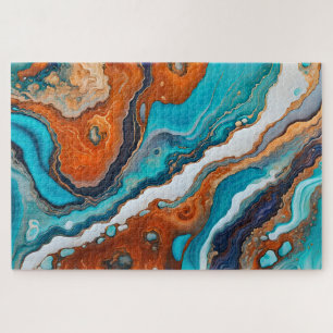 Turquoise blue, rust and gold paint abstract jigsaw puzzle