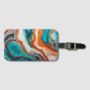 Turquoise blue, rust and gold paint abstract luggage tag