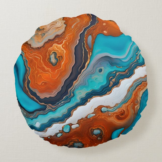 Turquoise blue, rust and gold paint abstract round cushion (Back)