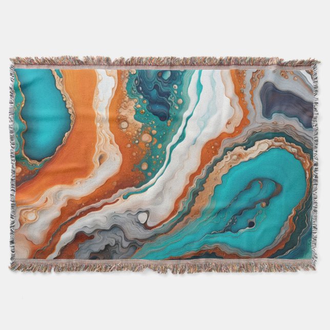 Turquoise blue, rust and gold paint abstract throw blanket (Front)
