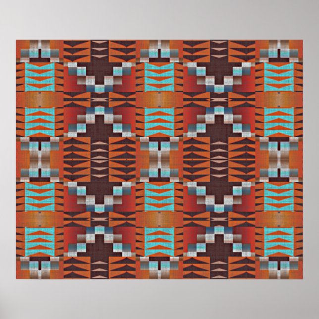 Turquoise Blue Rust Orange Red Brown Tribal Art Poster (Front)