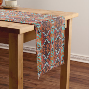 Turquoise Blue Rust Orange Red Brown Tribal Art Short Table Runner